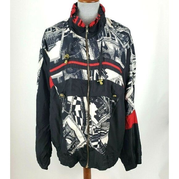 Vintage 80s 90s Black Red Studio Art Print Silk Track Jacket Windbreaker Sz S - Picture 1 of 9